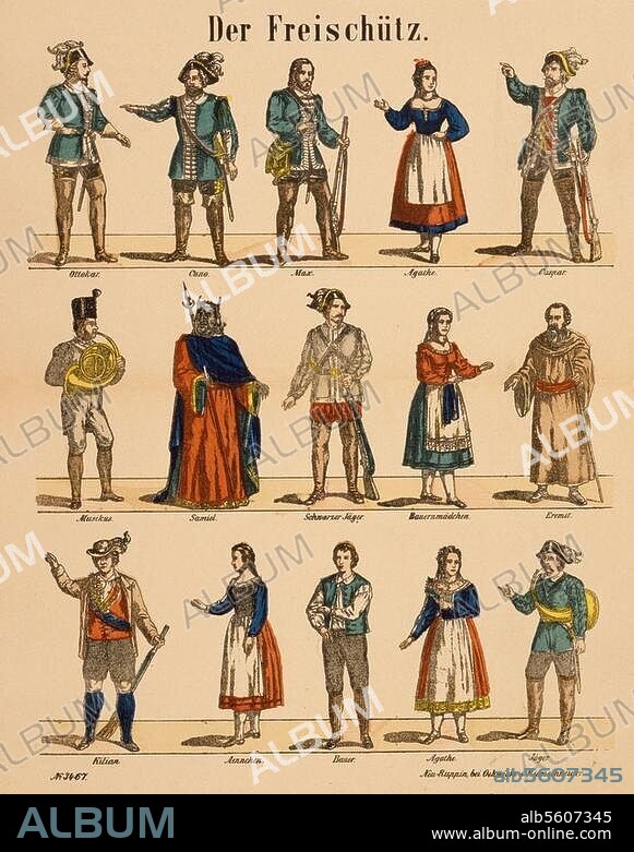 Weber, Carl Maria von; German composer. 1786-1826. Work: Der Freischütz (Opera; Libr.: F. Kind; première 1821). Figures from "Der Freischütz". Lithograph, coloured, c. 1840. Neuruppiner Bilderbogen. Private Collection.