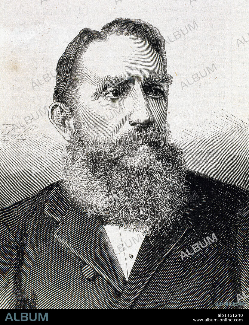 NUÑEZ, Rafael (1825-1894). Político y escritor colombiano. Miembro del partido liberal. Presidente de la República en 1880. Grabado de A. Carretero para "La Ilustración Española y Americana" (1880) .