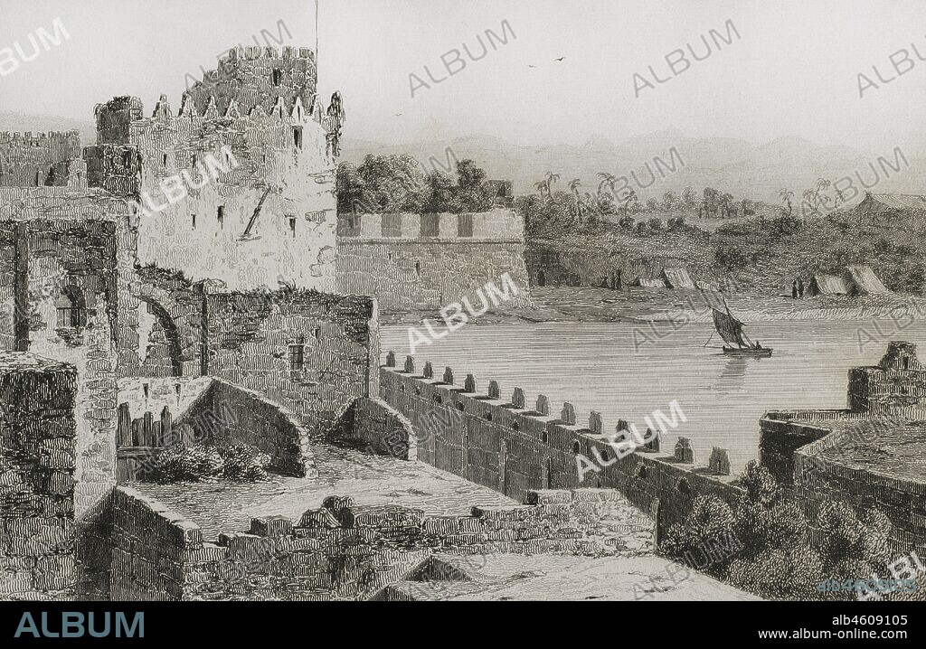 Israel. Vista de la ciudad de Acre o San Juan de Acre, bajo dominación del Imperio Otomano. Murallas. Grabado por Lemaitre. Historia de Turquía, por Joseph Marie Jouannin (1783-1844) y Jules Van Gaver. Panorama Universal, edición española de 1840.