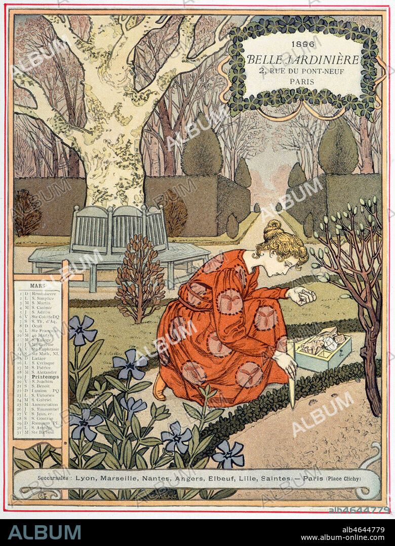 Calendrier de l'annee 1896 : 'mars'. Une femme fait des plantations de graines dans ses plates-bandes a l'aide d'un plantoir . Illustration de GRASSET (1845-1917) pour le magasin Belle Jardiniere, 1895. Credit : Collection KHARBINE-TAPABOR.