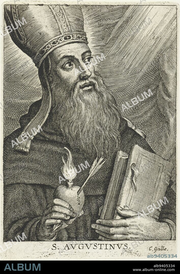 Saint Augustine with burning heart pierced by arrow S. Avgvstinvs (title on object), print maker: Schelte Adamsz. Bolswert, Peter Paul Rubens, publisher: Cornelis Galle (II), (mentioned on object), 1596 - 1678, paper, engraving, h 133 mm × w 92 mm.