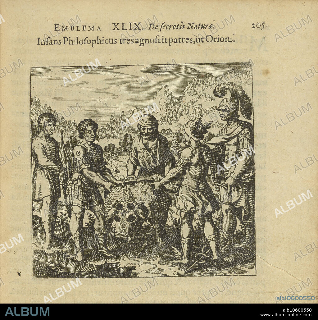 MATTHÄUS DER ÄLTERE MERIAN. Emblem 49. Das philosophische Kind erkennt drei Väter, wie Orion. Aus "Atalanta fugiens" von Michael Maier.