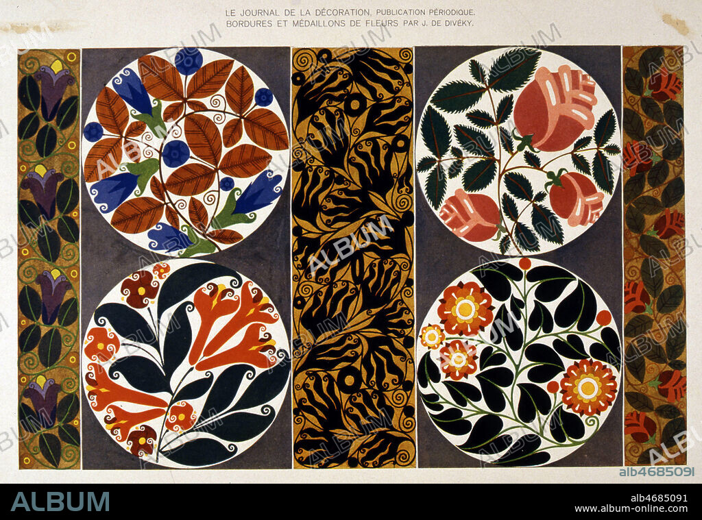 'Bordures et medaillons de fleurs' par Joseph DIVEKY (Wiener Werkstatte) pour 'Le Journal de la Decoration (1870-1930)' Credit Jean Vigne/KHARBINE TAPABOR.