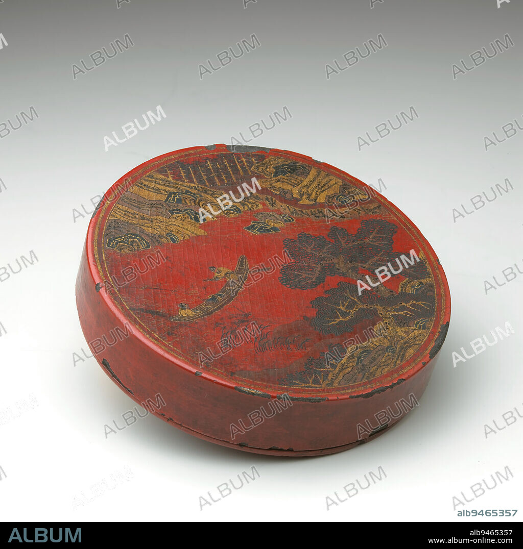 Ink Cake Container, c. 1600, Workshop of Cheng Dayue, Chinese, 1541-1624, 1-1/4 x 6-1/16 x 6-1/16 in. (3.2 x 15.4 x 15.4 cm), Lacquer with incised polychrome decoration, China, 16th-17th century, Anhui and Shexian, in particular, had been the center of the ink-making industry since Tang times (618-906). The son of a prosperous Anhui merchant, Cheng Dayue immersed himself in the design and production of ink cakes from an early age. This lacquer presentation box to hold an ink container is a very rare example signed by the artist. Decorated on the exterior with a boating scene, this circular box would have originally held a round commemorative ink cake. Inside the cover and on the base are three gold lacquer seals of the workshop of Cheng Junfang, a well-known art name of Cheng Dayue. They read, 'Made under the supervision of Junfang from Yanzhen in old She (Huizhou).'.