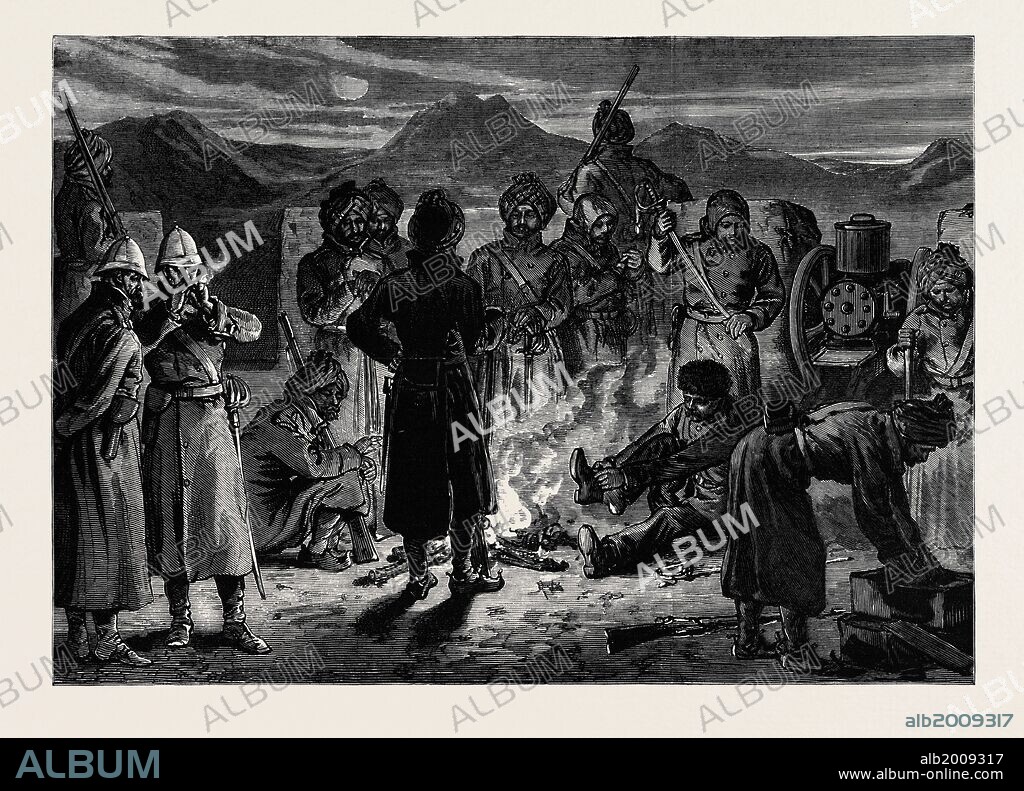 THE AFGHAN WAR: DEFENCE OF THE BRITISH POSITION AT SHERPORE, CABUL: THE GATLING GUN BASTION ON DEC. 23 PREPARING TO REPEL THE ATTACK OF THE GHAZIS, 1880.