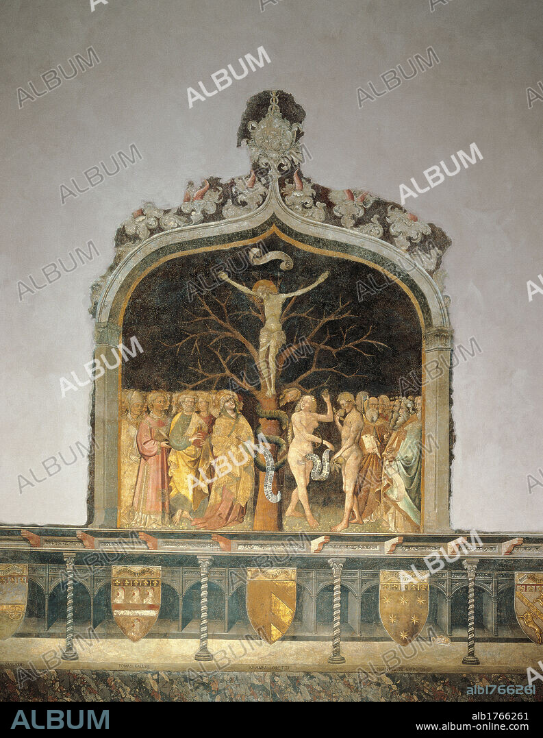 Mystic Crucifixion, by Giovanni da Milano, 1400 about, 15th Century,. Italy, Emilia Romagna, Bologna, San Petronio Basilica. All. Christ crucifix tree branches cartouches snake Eve woman naked body Adam apple Mary Sts apostles doctors.