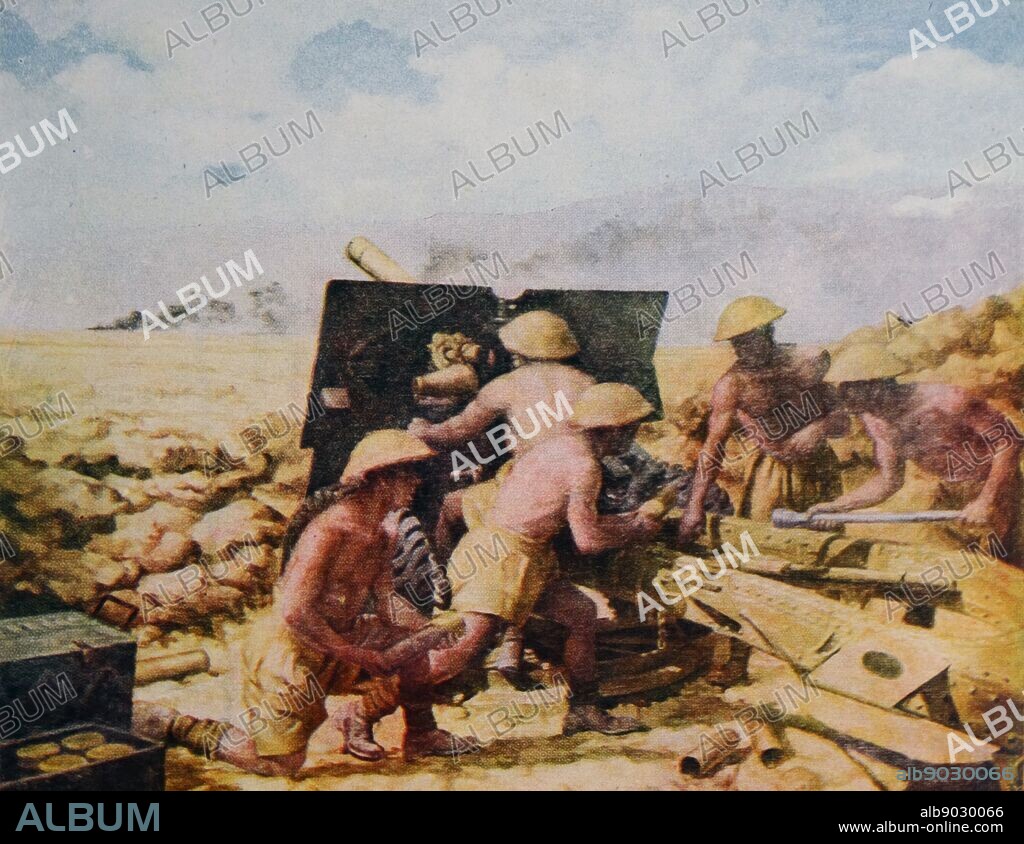 Painting depicting a 25 Pounder Gun and Team in action on the Alamein Front. By John Berry (1920-2009) wartime artist. Dated 1942.