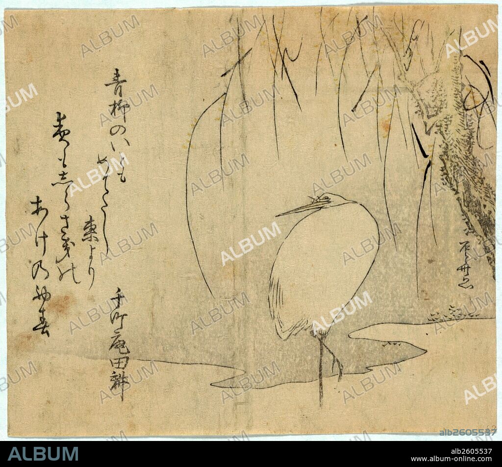 Yanagi ni shirasagi, White heron beneath a willow tree., Ryuryukyo, Shinsai, approximately 1764-1820, artist, [between 1804 and 1818], 1 print : woodcut, color ; 12.7 x 14.6 cm., Print shows a white heron standing beneath a willow tree on the edge of a pond.