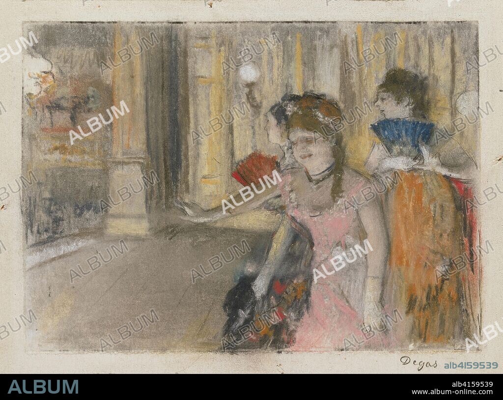 HILAIRE GERMAIN EDGAR DEGAS. Singers on the Stage. Edgar Degas; French, 1834-1917. Date: 1877-1879. Dimensions: 120 × 169 mm (plate); 138 × 182 mm (sheet). Pastel, over monotype, on ivory wove paper, laid down on board. Origin: France.