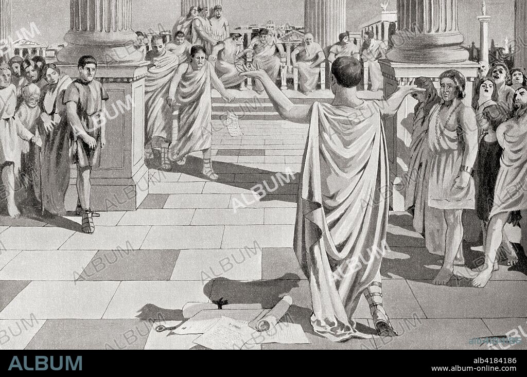 The impeachment of Verres, sent into exile by Cicero for his misgovernment of Sicily, his extortion of local farmers and plundering of temples.   Gaius Verres, c.120 - 43 BC.  Roman magistrate.  From Hutchinson's History of the Nations, published 1915.