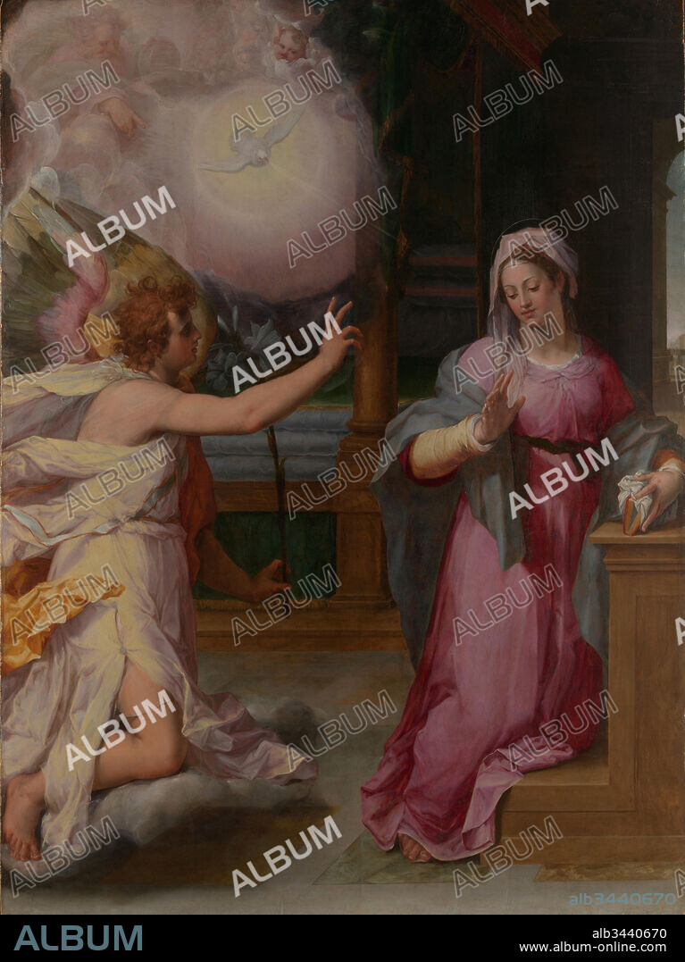 The Annunciation, ca. 1585, Oil on wood, 91 1/4 x 68 1/4 in. (231.8 x 173.3 cm), Paintings, Peter Candid (Pieter de Witte, Pietro Candido) (Netherlandish, Bruges ca. 1548–1628 Munich), Candid (or Candido) was born in Bruges and trained in Florence, where he began his career as painter and designer of tapestries. In this grand altarpiece, the Angel Gabriel along with God the Father and the Holy Spirit rush into Mary’s bedroom in a blaze of light and color as they announce that she will bear a child.