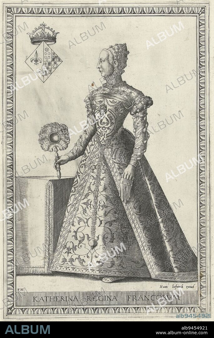 Portrait of Catherine de' Medici, Queen of France, feet to the left near a table. In her right hand a fan and in her left hand a glove. Portrait of Catherine de' Medici Portraits of kings and queens (series title)., print maker: Frans Huys, (mentioned on object), publisher: Hans Liefrinck (I), (mentioned on object), Antwerp, 1546 - 1562, paper, engraving, h 307 mm × w 202 mm.