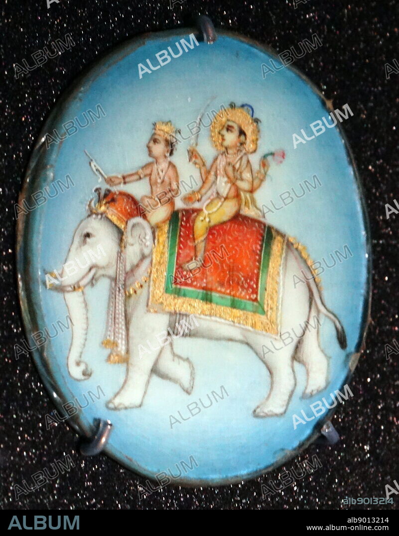 Hindu deity, indra the god of thunder.. From a collection of roundels of Hindu deities. Gouache on ivory with pencil, Indian, 19th Century.