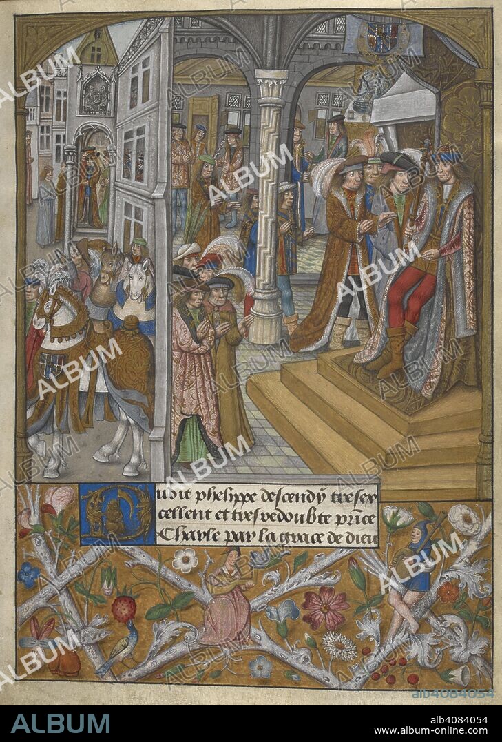 Miniature of Charles the Bold and his court, decorated initial 'D'(udit), and a scatter border of branches and flowers with a woman and a man playing musical instruments, in the Chroniques abrÃ©gÃ©es des Anciens Rois et Ducs de Bourgogne. Chroniques abrÃ©gÃ©es des Anciens Rois et Ducs de Bourgogne. Netherlands, S. (Bruges); c. 1485-1490. Source: Yates Thompson 32, f.14. Language: French.