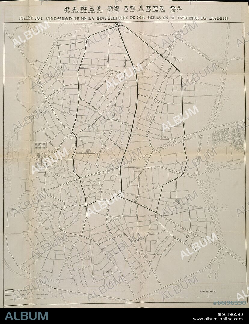 PLANO DEL ANTEPROYECTO DE LA DISTRIBUCION DE LAS AGUAS EN EL INTERIOR DE MADRID (CANAL DE ISABEL II) - 1855.