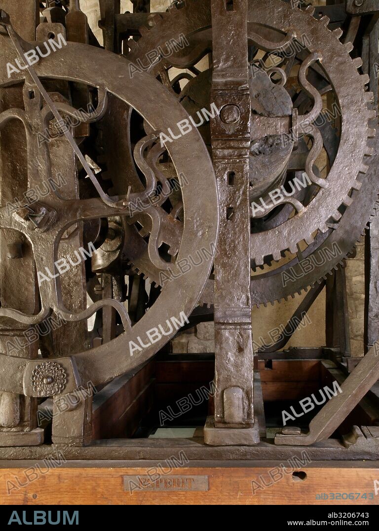 MAQUINARIA DEL "RELLOTGE DELS FLAMENCS" ("RELOJ DE LOS FLAMENCOS") 1576, REALIZADO PARA LA TORRE DE LA CATEDRAL DE SANTA EULALIA. DEPOSITO: MUSEO DE HISTORIA (MUHBA)  . BARCELONA, CATALUÑA, ESPAÑA.
