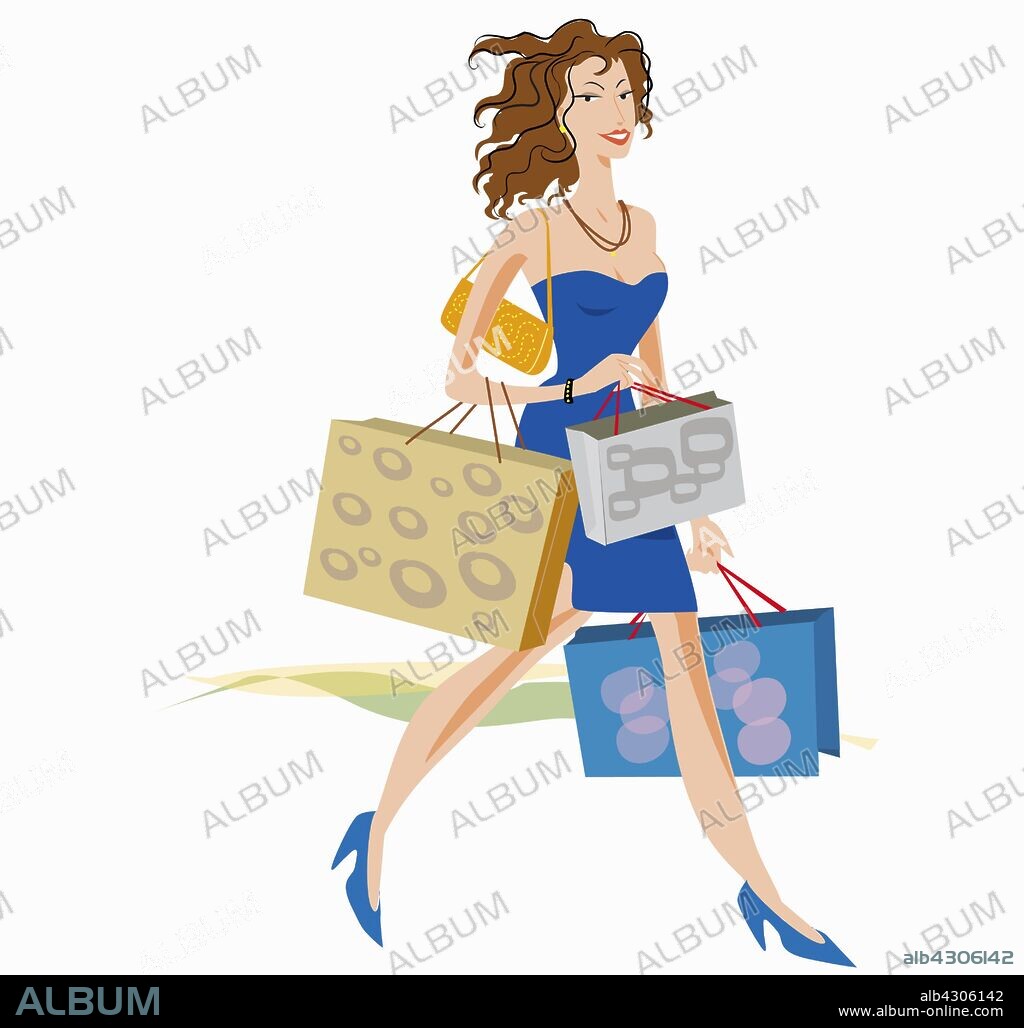 Glamorous woman carrying lots of shopping bags.