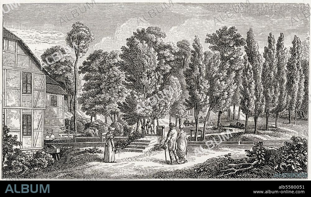 zu: Boie, Heinrich Christian Schriftsteller (Mitbegründer des Hainbundes); 1744-1806. Die Weender Papiermühle bei Göttingen, in deren Nähe am 12. September der Hainbund gestiftet wurde. Kupferstich, um 1790.