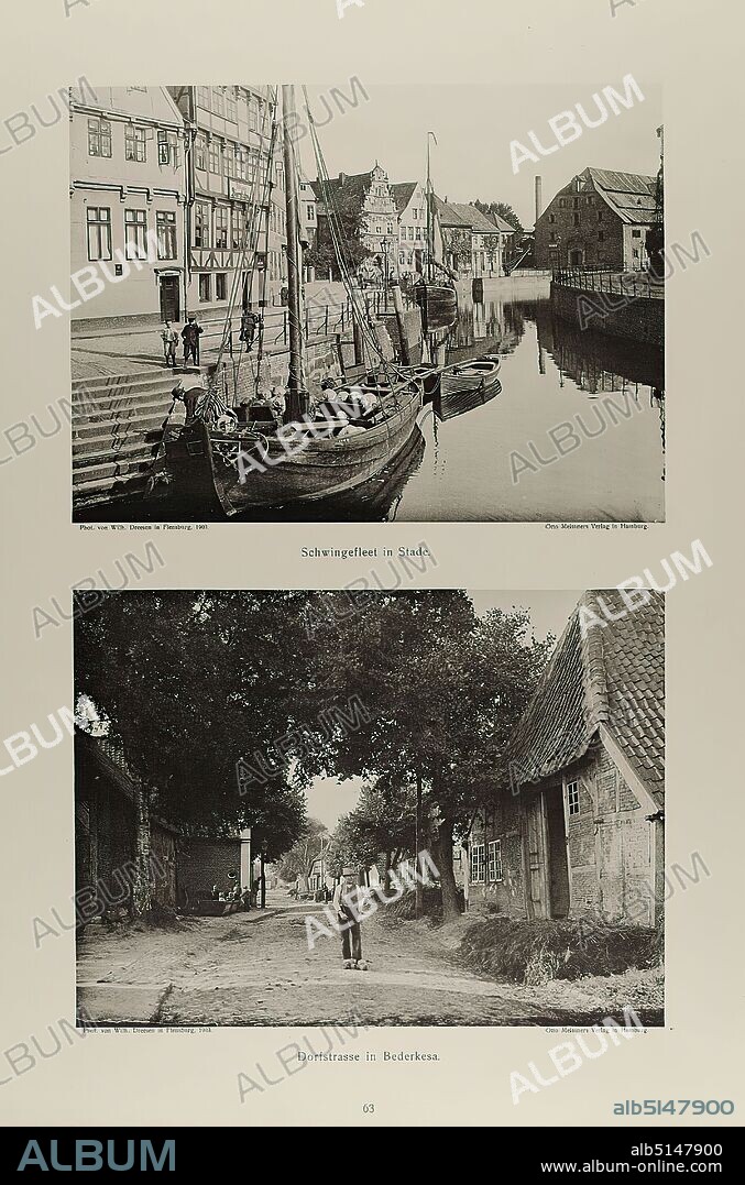 Otto Meissners Verlag, Wilhelm Dreesen, Schwingefleet in Stade and Dorfstrasse in Bederkesa. Plate 63 from the portfolio Wanderungen durch Heide und Moor zwischen Elbe, Jeetze, Aller und Weser, Staatliche Landesbildstelle Hamburg, collection on the history of photography, paper, collotype, sheet size: height: 43.70 cm; width: 31.00 cm, stamp: verso and stamp of the Staatliche Landesbildstelle Hamburg, architectural photography, reporting photography, village, country, region.