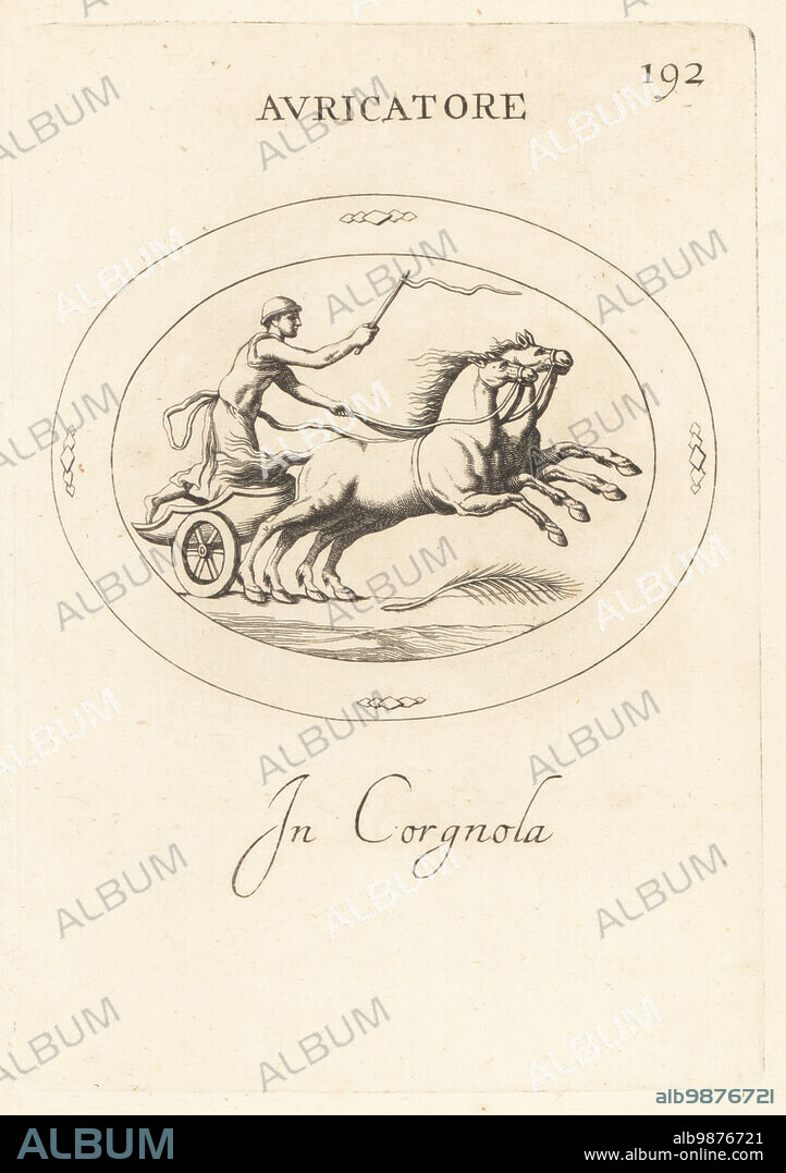 Aurigator or Roman charioteer driving a biga, a two-horse chariot. He wears a pileus felt hat and holds a whip. The palm signifies victory in a race. In carnelian. Avricatore. In corgnola. Copperplate engraving by Giovanni Battista Galestruzzi after Leonardo Agostini from Gemmae et Sculpturae Antiquae Depicti ab Leonardo Augustino Senesi, Abraham Blooteling, Amsterdam, 1685.