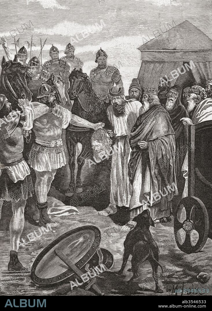 The decapitated heads of the Midianite soldiers Oreb and Zeeb are brought to Gideon. After a 19th century print.