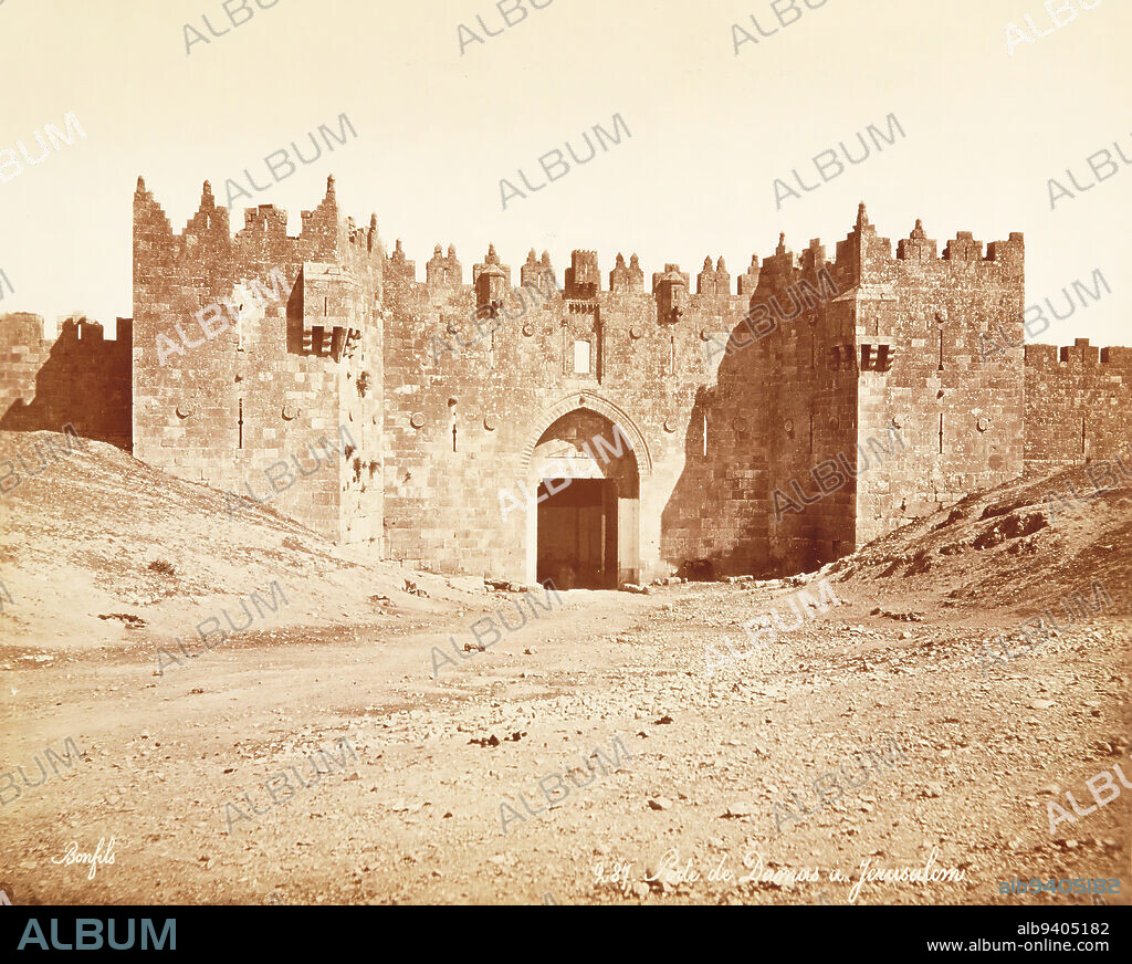 Porte de Damas à Jerusalem, 1870-1879, Félix Bonfils, French, 1831 - 1885, 8 13/16 x 11 1/16 in. (22.38 x 28.1 cm) (image)11 x 14 in. (27.94 x 35.56 cm) (mount), Albumen print, France, 19th century.