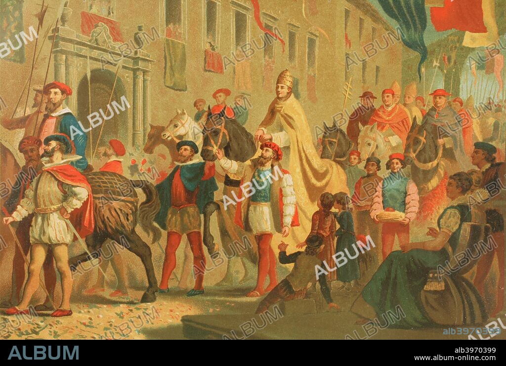 León X (1475-1521). Papa de la iglesia católica entre 1513 y 1521. Fiestas por la coronación de León X. El pontifice portando la tiara papal, puesta en la cabeza, durante la ceremonia de coronación. Cromolitografía. La Civilización, tomo III, 1882. Biblioteca Histórico Militar de Barcelona. Cataluña, España.