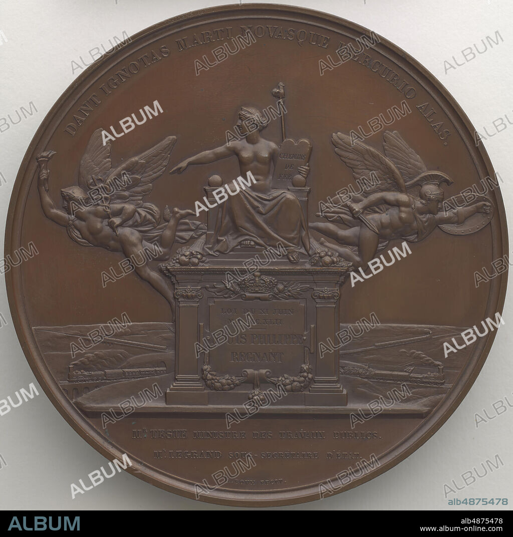 Antoine Bovy, Louis Phillipe I (1773-1850), King of France 1830-1848, 1842, copper, 4 7/16 in. (11.3 cm.), This medal, depicting King Louis Philippe I, commemorates the 1842 establishment of the French Railway System. The neoclassical rendition of Louis Philippe I's portrait on this medal strictly follows the precedent set by Napoleon I, who oftentimes depicted himself in a style reminiscent of the Caesars. The personification of France on the reverse holds railroad tablets and is flanked by winged Commerce and Mars. The composition alludes to the economic and military application of railroads and signals the beginning of the age of rail. Bovy won the Legion of Honor in 1843 for the design of this medal, which remains, to this day, one of the largest medals ever struck.