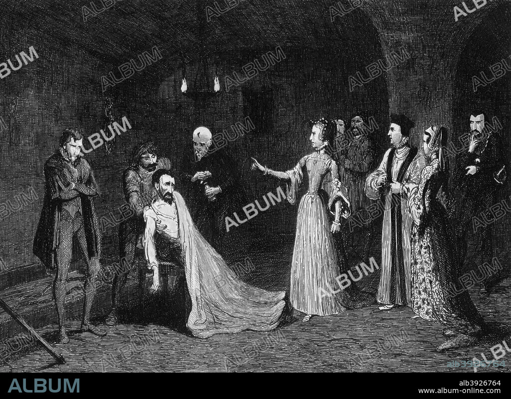 Princess Elizabeth confronted with Sir Thomas Wyatt in the torture chamber, 1554 (1840). Wyatt (c1521-1554) was involved in the failed attempt, organised by the Duke of Northumberland, to istall Lady Jane Grey on the English throne after the death of Edward VI. He escaped punishment by Queen Mary, but later led a rebellion in opposition to her plans to marry Prince Philip (later King Philip II) of Spain. Wyatt occupied Rochester on 26 January 1554, but his uprising had little support outside Kent. He marched on London with 4000 men but an anticipated rising amongst loyalist troops failed to materialise and Wyatt's supporters began to desert. After an attempt to force entry into the City at Ludgate failed Wyatt surrendered. He offered no defence when tried for treason, but his execution was delayed because Mary hoped that he would implicate her sister Elizabeth in the plot. Wyatt did not do so, instead clearing her of any involvement from the scaffold. Elizabeth was however placed under house arrest and spied upon for the rest of Mary's reign. A print from The Tower of London a Historical Romance by William Harrison Ainsworth. (London, 1840).