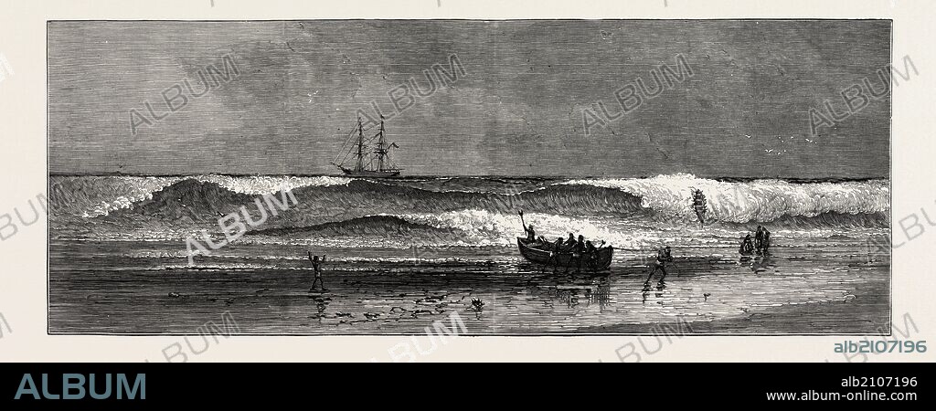 THE WEST COAST OF AFRICA: THE ASHANTEE WAR: LANDING THROUGH THE SURF AT ASSINEE, ANGLO ASHANTI WAR, GHANA, 1873 engraving.