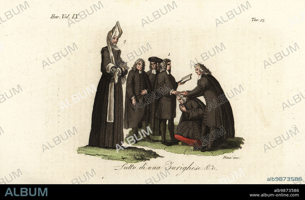 Two Calvinist priests laying hands on a man kneeling on a cushion, and woman of Zurich in mourning clothes, Switzerland, 16th century. Lutto di una Zurichese &c. Handcoloured copperplate engraving by Nasi from Giulio Ferrarios Costumes Ancient and Modern of the Peoples of the World, Il Costume Antico e Moderno, Florence, 1837.