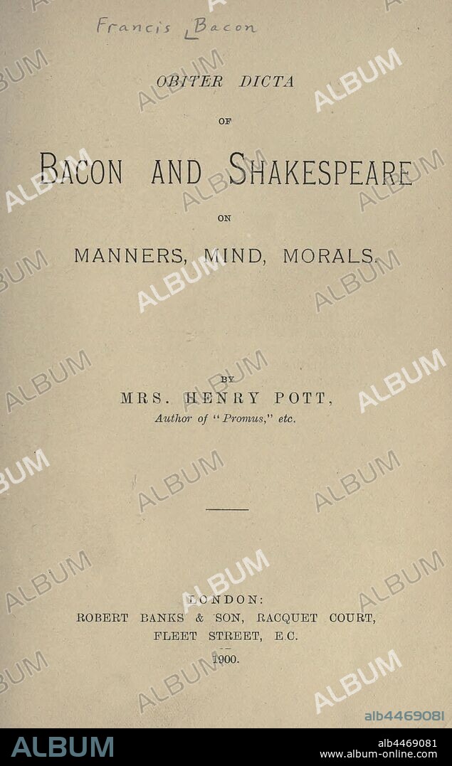 Obiter dicta of Bacon and Shakespeare on manners, mind, morals : Bacon, Francis, 1561-1626.