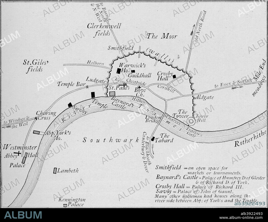 Sketch map of London in the 15th century, 1906. From Medieval London, Vol. 1 - Historical & Social, by Sir Walter Besant. [Adam & Charles Black, London, 1906].