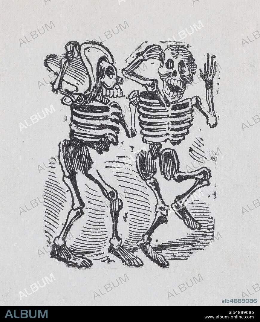 José Guadalupe Posada, Two skeletons smiling and dancing, José Guadalupe Posada (Mexican, 18511913), ca. 18801910, Wood engraving, Sheet: 4 1/4 × 3 9/16 in. (10.8 × 9 cm), Image: 3 1/8 × 2 3/8 in. (8 × 6 cm), Prints.