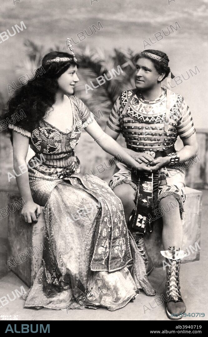 Ruth Vicent (1877-1955) and Roland Cunningham in a scene from Amasis, early 20th century. Vincent is playing 'Princess Amasis' and Cunningham is playing 'Prince Anhotep'.