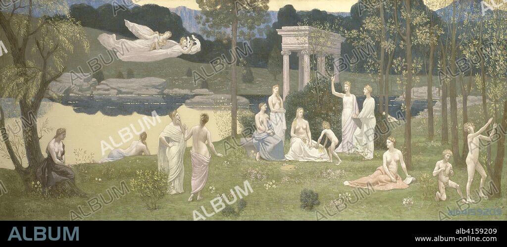 PIERRE PUVIS DE CHAVANNES. The Sacred Grove, Beloved of the Arts and the Muses. Pierre Cécile Puvis de Chavannes; French, 1824-1898. Date: 1884-1889. Dimensions: 93 × 231 cm (36 7/16 × 90 15/16 in.). Oil on canvas. Origin: France.