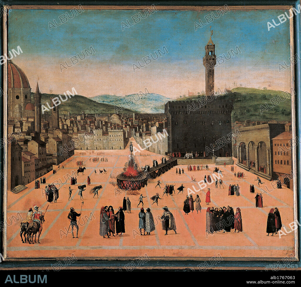 Torture of Savonarola in Piazza della Signoria, by Anonymous artist, 17th Century, oil on canvas, cm 104 x 118,5. Italy, Tuscany, Florence, San Marco Convent, Picture Gallery. All. The scene of the torture of Savonarola and two other friars takes place in Piazza della Signoria in Florence. The three appear in different places kneeling before an altar at the presence of judges dressed in red, while walking along the wooden banister, and hung in a high pole with the flames that invade the wood stack. The square is filled with groups of people. Authorization required for non editorial use.