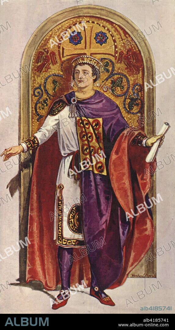 'The Emperor Justinian - Sixth Century, A.D.', 1924. From "Costume & Fashion - The Evolution of European Dress Through the Earlier Ages", by Herbert Norris. [J. M. Dent and Sons Ltd, E. P. Dutton and Co. London and Toronto, 1924].