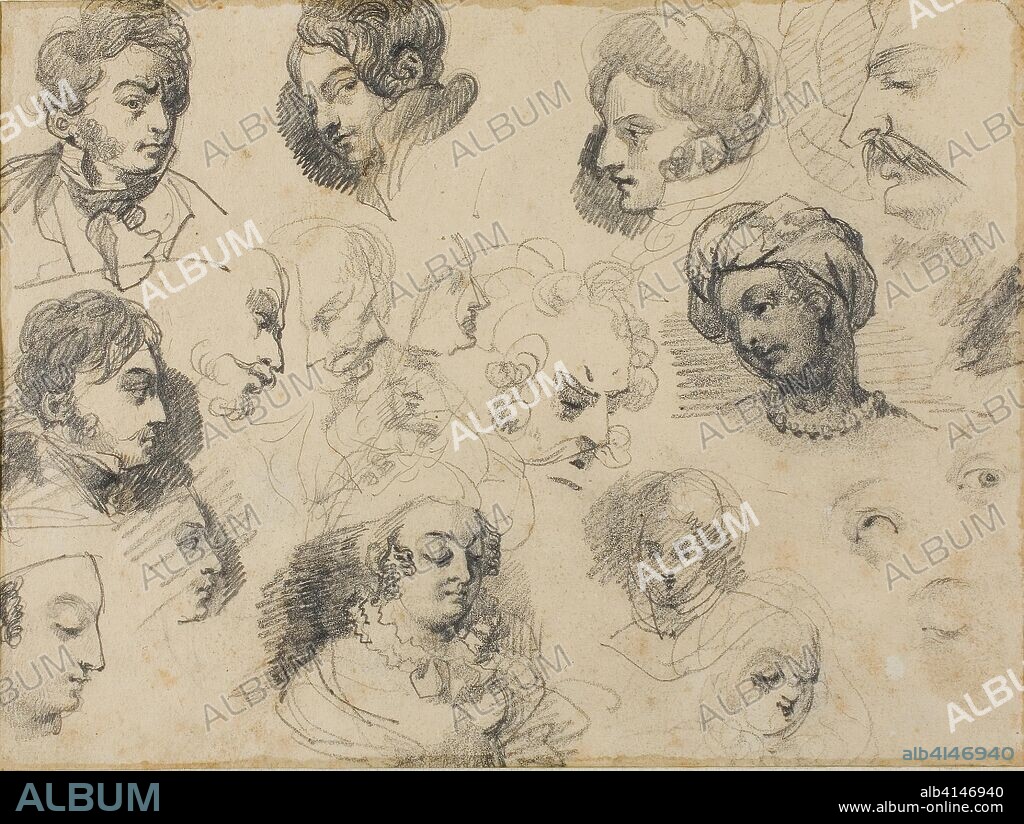 Sketches of Heads. Jean Louis André Théodore Géricault; French, 1791-1824. Date: 1813-1814. Dimensions: 173 × 230 mm. Graphite, on tan wove paper, perimeter mounted on ivory laid paper. Origin: France.