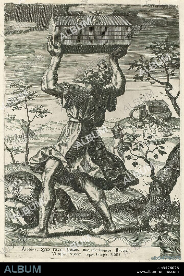 Noah builds the ark, The letter to the Hebrews chapter 11 (series title), Noah lifts a model of the ark above his head. On top of the model is a dove. In the background, animals walk up the ark via a gangway. Below the image is a two-line text in Latin, numbered 3 on the left in the margin. The print is part of a series of prints on the Letter to the Hebrews chapter 11., print maker: Pieter Jalhea Furnius, 1550 - 1625, paper, engraving, height 287 mm × width 197 mm.