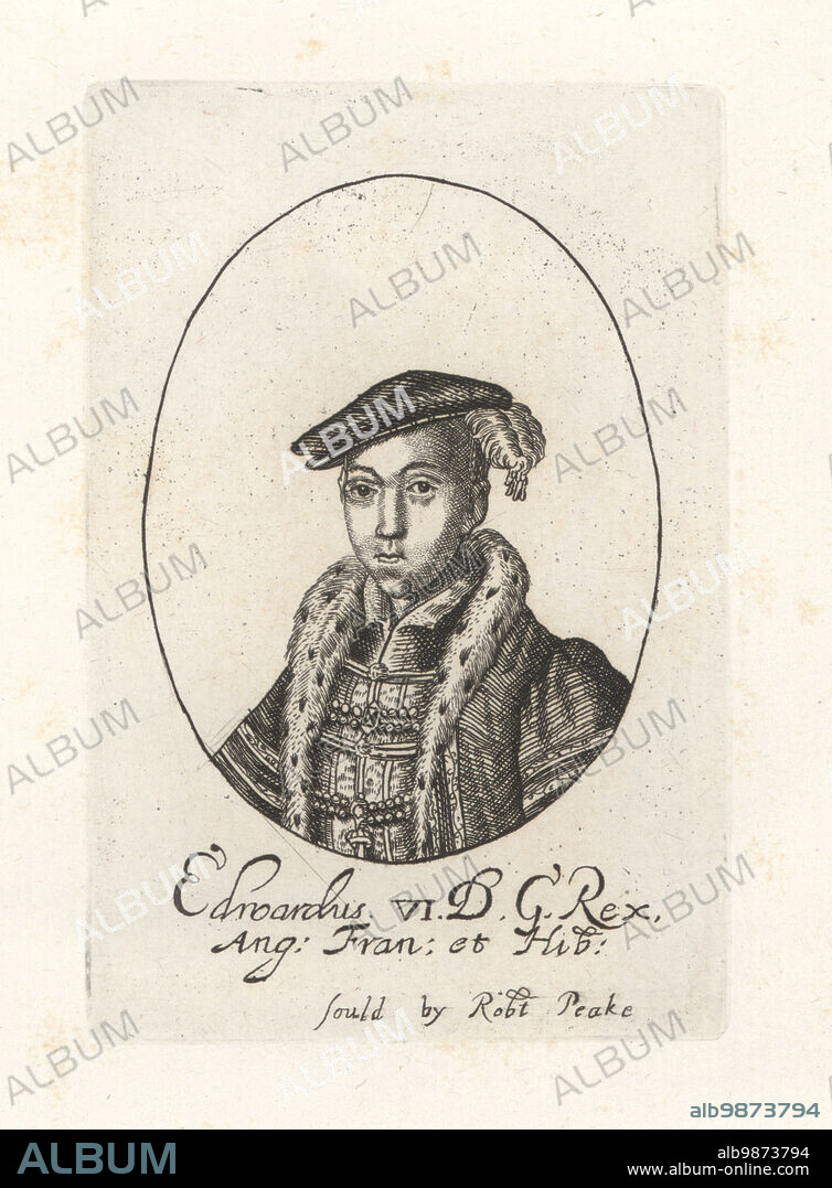 Oval portrait of King Edward VI of England, boy king who fell ill and died at age 15, 1537-1553. In plumed cap, ermine mantle, doublet with collar. Edwardus VI DG Rex Ang Fran et Hib. From William Faithorne's set of Kings, sold by Robert Peake. Copperplate engraving from Samuel Woodburns Gallery of Rare Portraits Consisting of Original Plates, George Jones, 102 St Martins Lane, London, 1816.