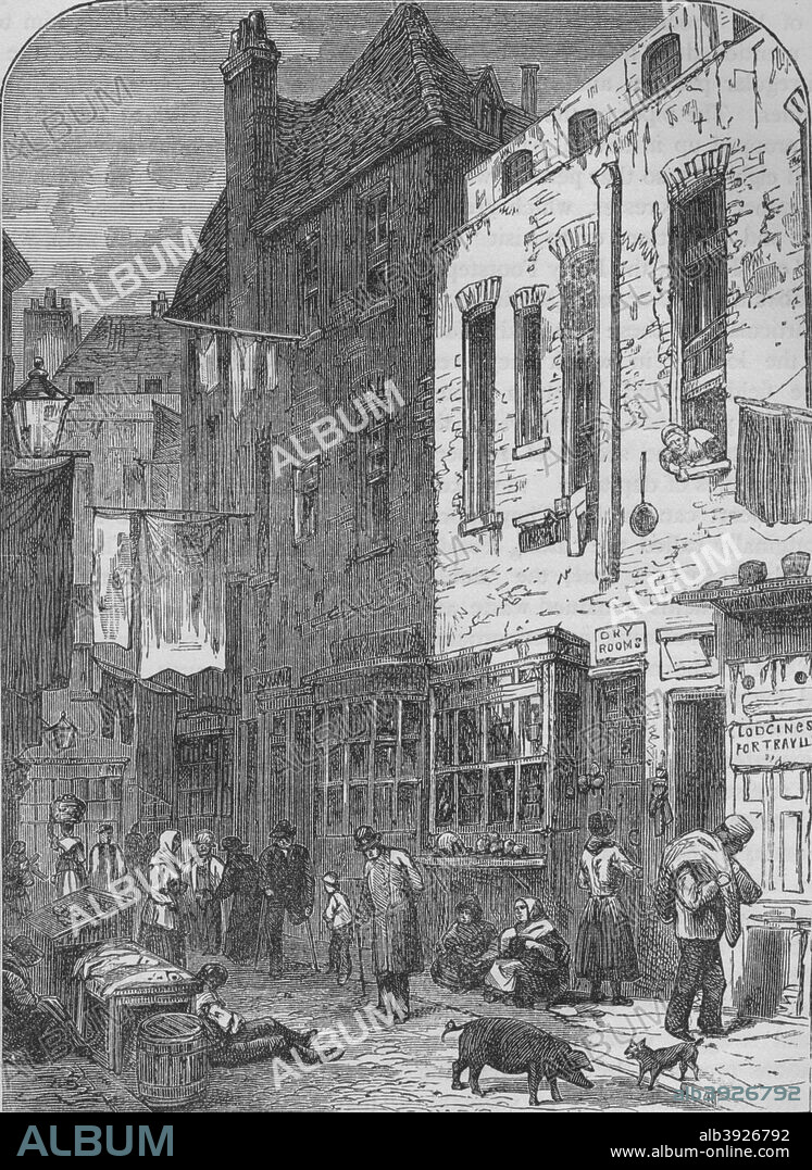 The Rookery of St Giles, London, 1850 (1878). Situated between Great Russell Street and Seven Dials, the St Giles Rookery was one of the worst slums in Britain. From Old and New London Illustrated, Vol IV, by Edward Walford. [Cassell Petter & Galpin, London, Paris & New York, 1878].