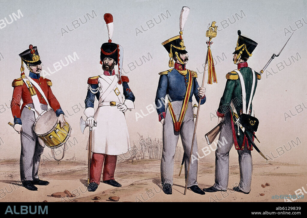 JOSE RUBIO DE VILLEGAS. UNIFORMES MILITARES S XIX (1821)TAMBOR,GASTADOR, LEONIFERO Y SOLDADO DE INFANTERIA LIGERA.