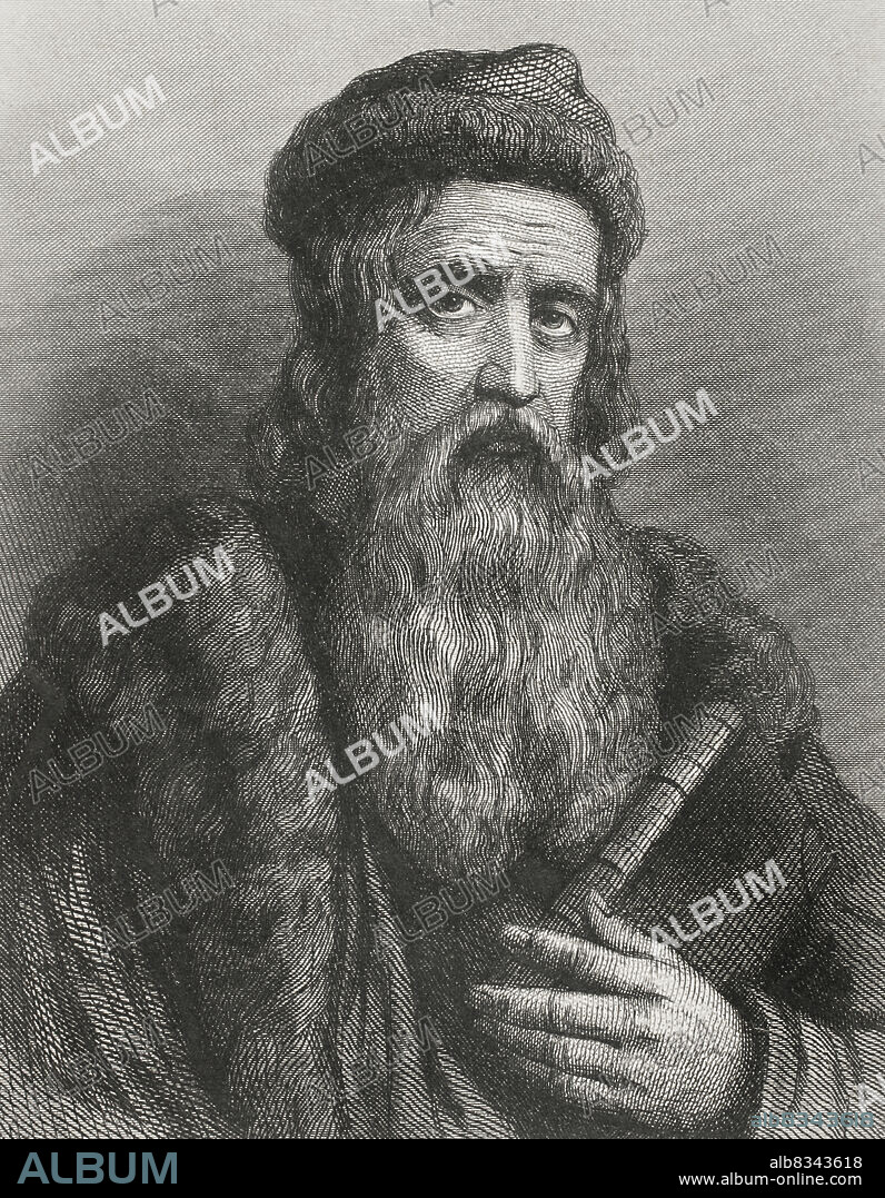 CHARLES GEOFFROY (1819-1882). FRENCH ENGRAVER.. Johannes Gutenberg (h. 1399-1468). Inventor alemán. Hacia 1450 creó la primera imprenta de tipos móviles. Retrato. Grabado por Geoffroy. Historia Universal, por César Cantú. Tomo IV, 1856.