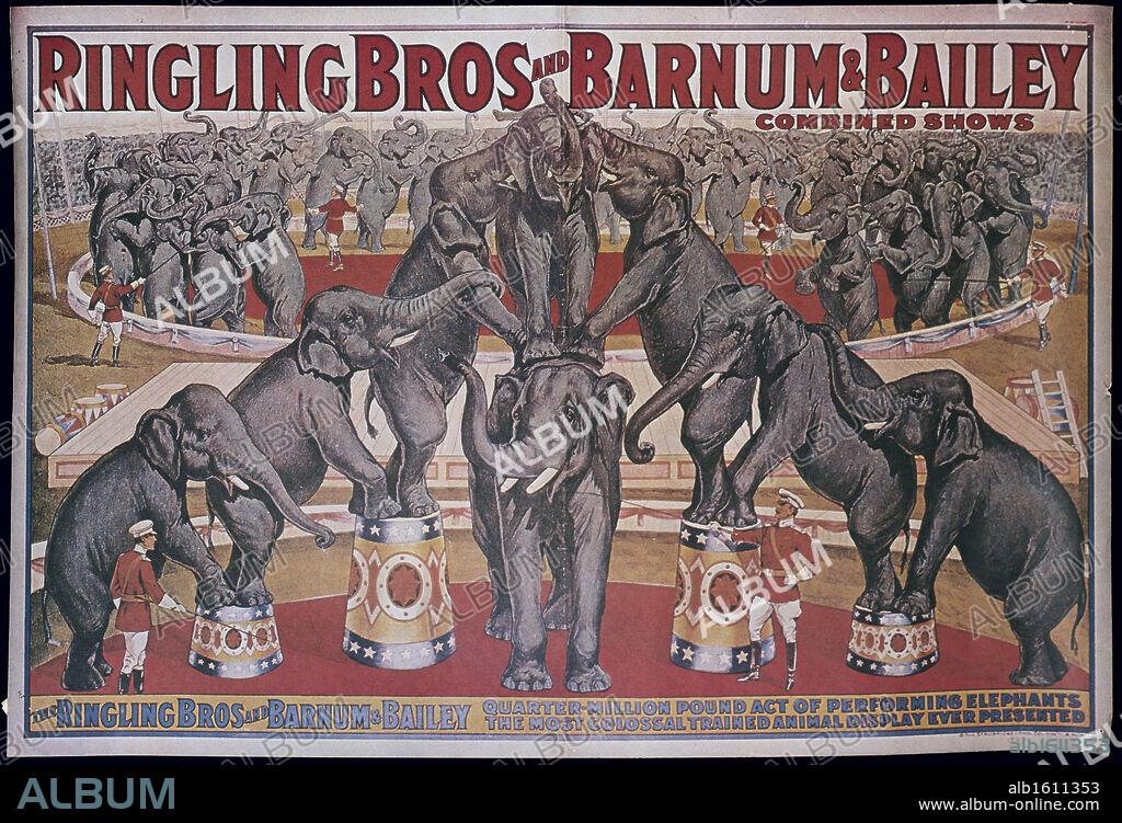 Ringling Brothers and Barnum and Bailey, performing elephants in circus, poster, Nostalgia UK, 500.