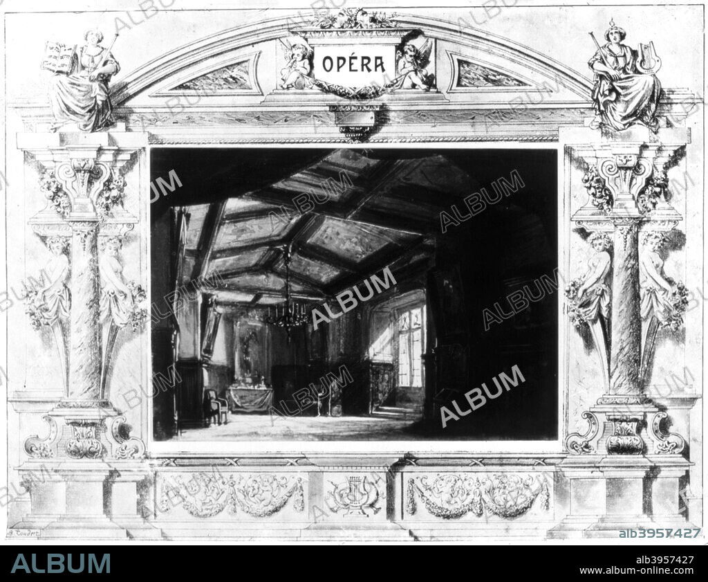 Set design for Mozart's Don Giovanni, 1875. Donna Elvira's room from a design of 1875 for the opera by Wolfgang Amadeus Mozart (1756-1791), Austrian composer, first performed in Prague in 1787. The libretto by Lorenzo Da Ponte (1749-1838) was based on  Moliere's play of 1665 Don Juan, ou le festin de Pierre (Don Juan, or the Stone Banquet).