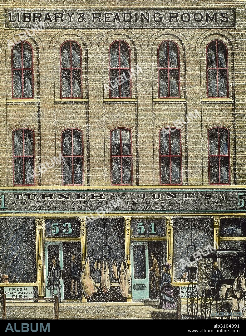 HISTORIA DE ESTADOS UNIDOS. Grabado que representa una tienda de venta de carne y pescado fresco, "Turner and Jones", en 53-51 Main Street. En la parte superior del edificio se encontraba instalada una biblioteca y sala de lecturas. NUEVA YORK, 1876. Grabado coloreado.