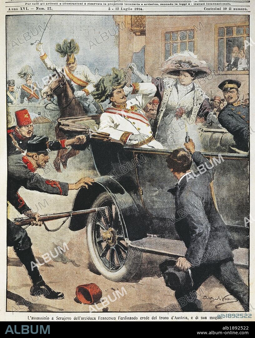 Sarajevo: Assassination of Archduke Franz Ferdinand, heir to the Austrian throne, and his wife. Illustrator Achille Beltrame (1871-1945), from La Domenica del Corriere, 5th July 1914.