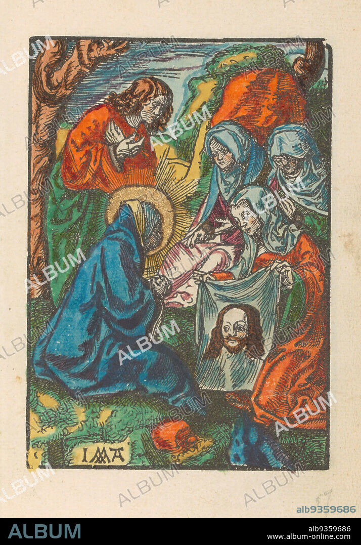 Veronica shows the sudarium to Mary and John, The little Passion (series title), Stupid Passion (series title), Veronica shows the sudarium, the sweat cloth with the imprint of the face of Christ, to Mary and John. Print is part of a book., print maker: Jacob Cornelisz van Oostsanen (mentioned on object), publisher: Doen Pietersz., Amsterdam, 1520 - 1521 and/or c. 1530, paper, height 111 mm × width 78 mmheight 159 mm × width 101 mm.
