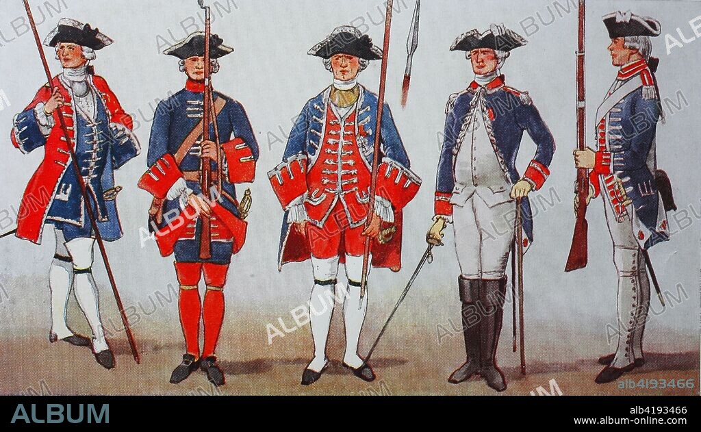 Fashion, clothing, French uniforms from 1757 - 1790, from left, officer of the Swiss Guards in small uniform from 1757, soldier of the French Guards in large uniform from 1757, officer of the French guards in small uniform from 1757, staff officer in small uniform from 1786 and Corporal of the rifleman in great uniform from 1786, digital improved reproduction from an original from the year 1900.